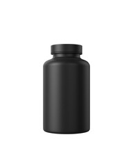 Black supplement bottle. Medicine pill container, plastic jar blank mockup. Vitamine drug capsule bottle, pharmaceutical product package, transparent background