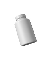 White supplement floating bottle. Medicine pill container, plastic jar blank mockup. Vitamine drug capsule bottle, pharmaceutical product package, transparent background