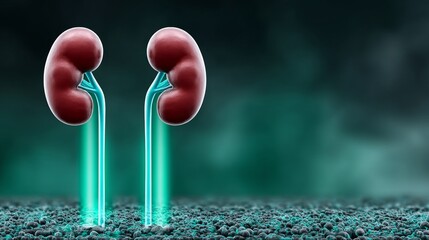 Stylized illustration of human kidneys with glowing tubes, showcasing anatomy.