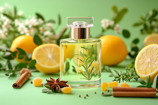 Citrus Perfume Bottle Still Life with Lemon, Cinnamon, Star Anise on Green