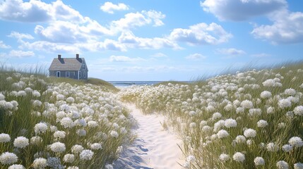 A seaside-inspired landscape surrounds this suburban Cape Cod home, where a sandy path recreates the experience of a beach walk, complemented by beach grass and dune flowers