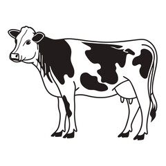 Detailed black and white line art shows a Holstein cow standing in profile