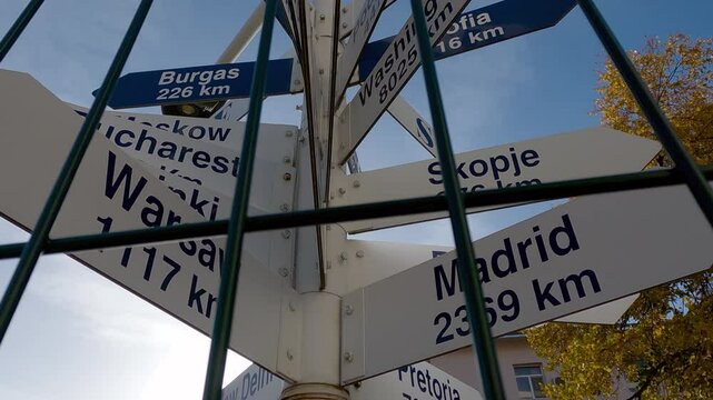 Direction signpost with distances to major destinations under a blue sky