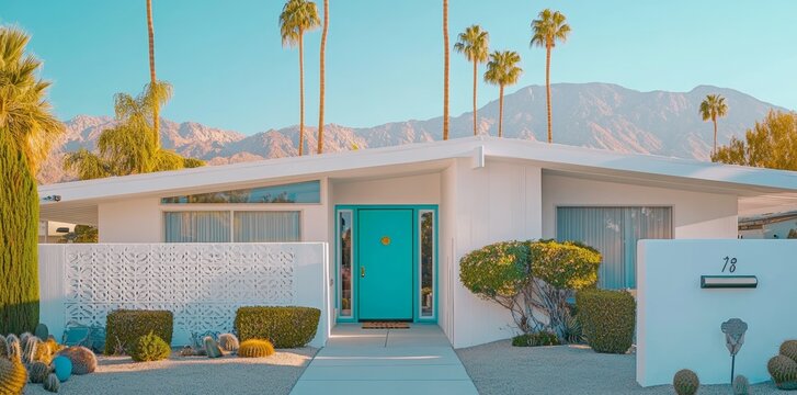 The iconic suburban landscape of Palm Springs features a white house with retro MCM architecture, distinguished by an aqua blue front door, surrounded by palm trees, agave, and cactus, embodying the