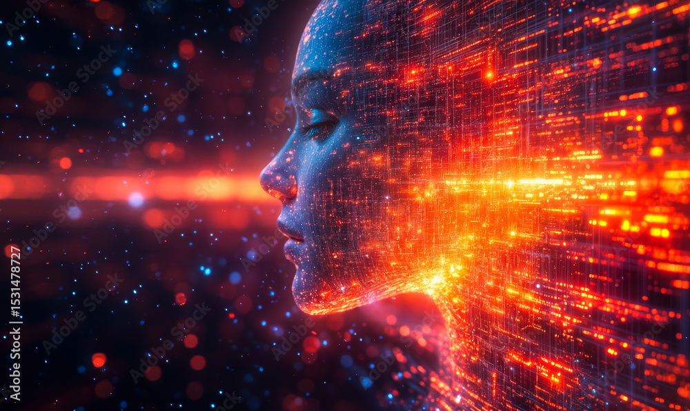 Poster digital human face with glowing orange data streams flowing through futuristic artificial intelligen
