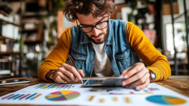 Focused Man Analyzing Financial Data at Desk - Powered by Adobe