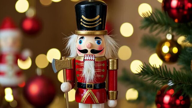 A classic nutcracker surrounded by holiday decorations and lights.
