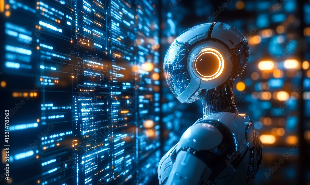 Poster futuristic robot analyzing digital data streams on illuminated server racks in advanced technology e