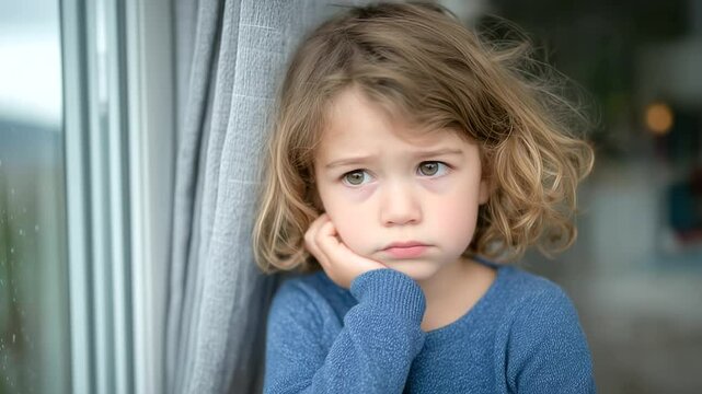 A little girl stares longingly out a window, her hand pressed against her aching face, struggling with the intense discomfort of a swollen gum
