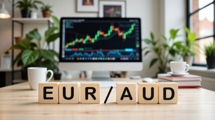 EUR AUD currency quotes chart showing exchange rate trends, forex market data, and financial fluctuations with copy space