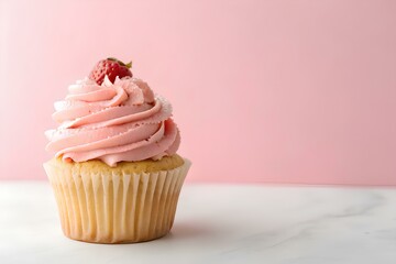 Single strawberry cupcake on pink background