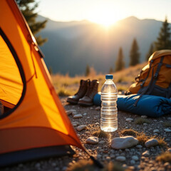 Plastic Water Bottle at Sunrise Campsite with Tent, Backpack, and Hiking Gear in Mountains