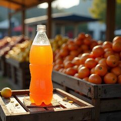 Orange Soda Bottle on Market Stall with Fresh Oranges in Background