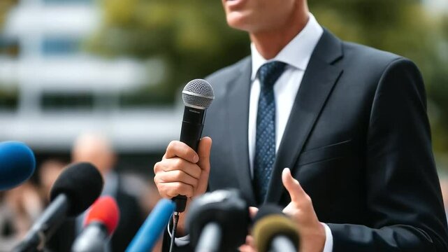 A press conference unfolds as a man in a black suit speaks into an array of microphones, with news logos on mic flags and blurry background figures moving amid the press chaos