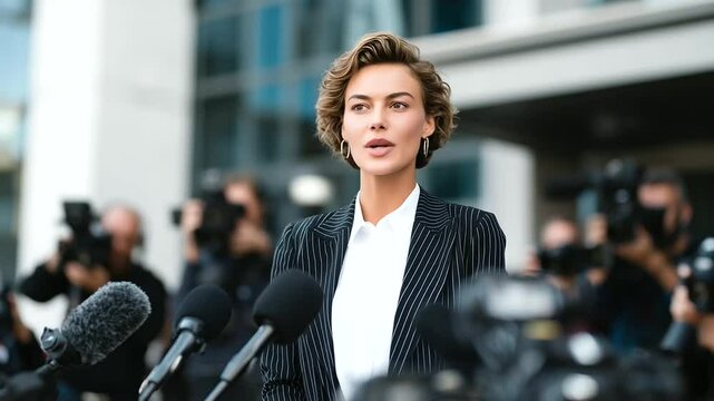 A poised professional in a crisp business suit gives a press statement, flanked by directional mics, booming lenses, and news crews, with the commotion of the press corps slightly