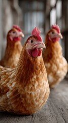 Fototapeta premium Three brown heritage chickens on white background