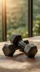 Matte black hexagonal dumbbells on surface