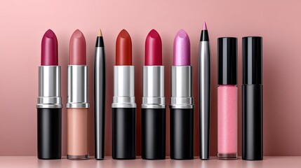 A vibrant array of lipsticks in various shades lined up against a soft pink backdrop.