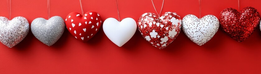 Red and Silver Glitter Heart Decorations, Valentine's Day, Romance Valentine's Day, Hearts