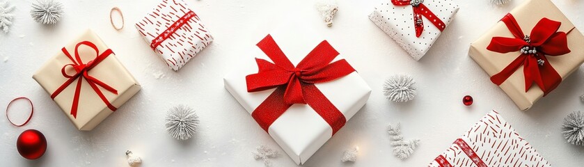 Red and White Christmas Gift Flatlay, Holiday Presents, Festive Season Christmas Gifts, Holiday Decor
