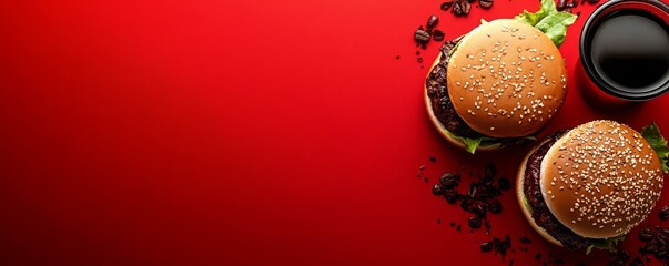 Red Background Burger and Coffee Image, Food Photography, Coffee Beans Fast Food, Gourmet Burger