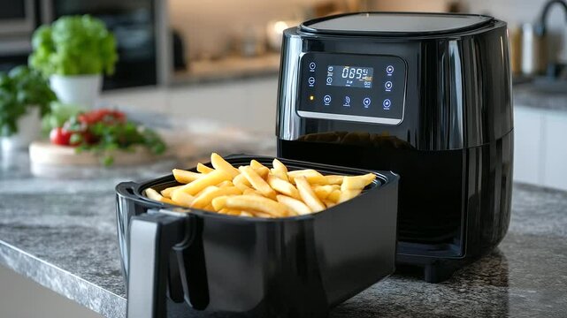 Air fryer sitting on granite kitchen countertop with fries mid-cook inside, timer glowing, digital screen and minimalist d&eacute;cor highlight modern lifestyle