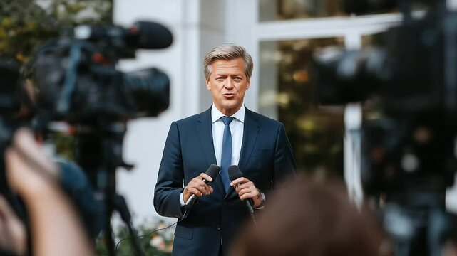 An articulate man in a suit takes questions at a press conference, surrounded by broadcast journalists and recording gear, with the commotion of blurred photographers and notetaker