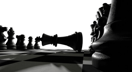 A board with giant chess pieces and a fallen piece in the center on a transparent background
