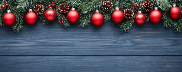 Red Ornaments and Pine Border on Wood, Christmas Decor, Holiday Background Christmas, Winter
