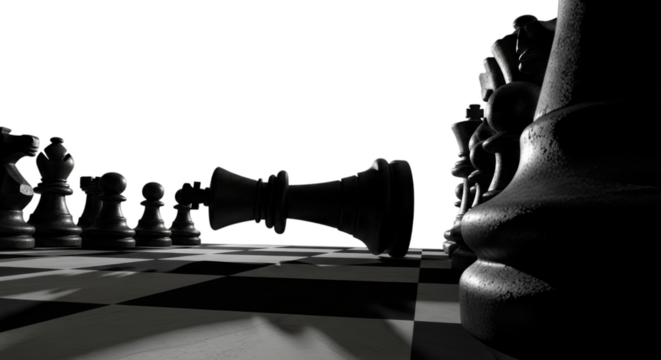 A board with giant chess pieces and a fallen piece in the center on a transparent background