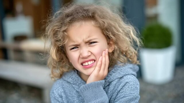 An emotional close-up of a small girl with puffed cheeks and red eyes, caught mid-tear, her fingers curled into her cheek as she endures tooth pain