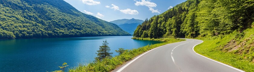 Scenic Lake and Winding Road, Mountain View, Summer Drive, Landscape Photography, lake road, summer road trip