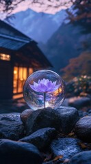 Crystal sphere, lotus flower, mountain village