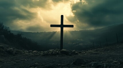 Silhouette Cross at Sunset, Dramatic Landscape, Faith, Hope, Religion Cross, Sunset