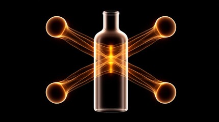 A transparent bottle surrounded by glowing orange energy orbs on a black background.