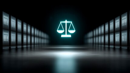 Futuristic digital justice symbol illuminated in a dark, high-tech environment.
