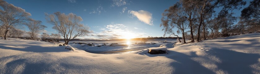 Snowy Landscape Sunset Panorama, Winter Scenery, Frozen Lake Winter, Nature