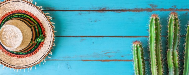 Sombrero and Cactus on Turquoise Wood, Fiesta Decor, Mexican Fiesta, Cactus