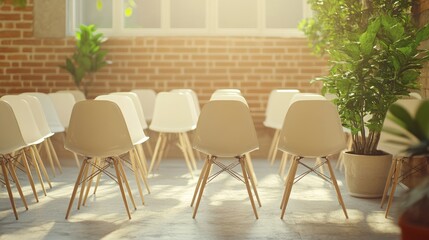 Sunlit Empty Chairs in Brick Room, Interior Design, Modern Office meeting room, minimalist design