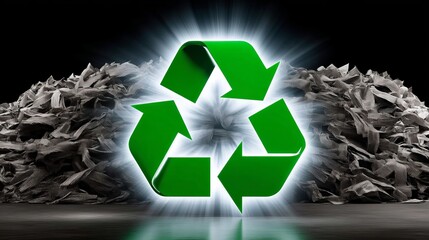 Vibrant green recycling symbol against a backdrop of recycled materials.