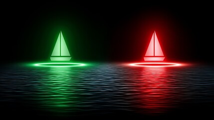 Two illuminated sailboats in green and red, casting reflections on dark waters.