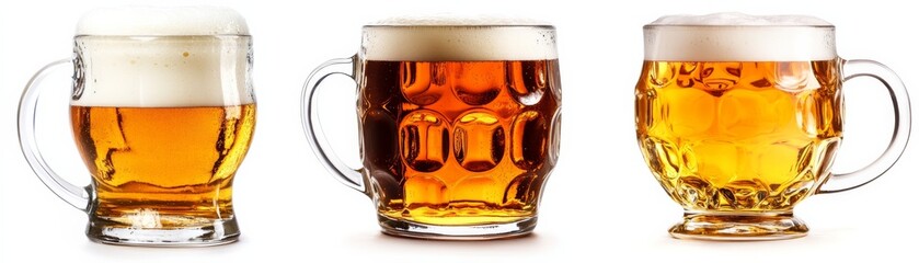 Three Beer Glasses Frothy Head, Golden Liquid, Glassware Variety, Beer, Glass Beer, Glassware
