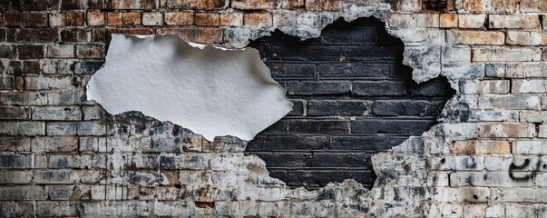 Torn Brick Wall with Exposed Black Brick and White Paper, Brick Wall Texture, Grunge Background Brick, Wall