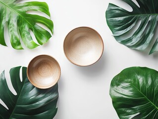 Tropical Leaf and Ceramic Bowl Flatlay, Minimalist Design, Home Decor Minimalism, Flatlay