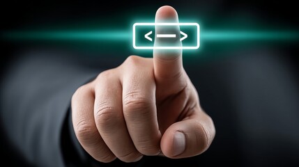 Close-up of a male hand interacting with a digital interface button.