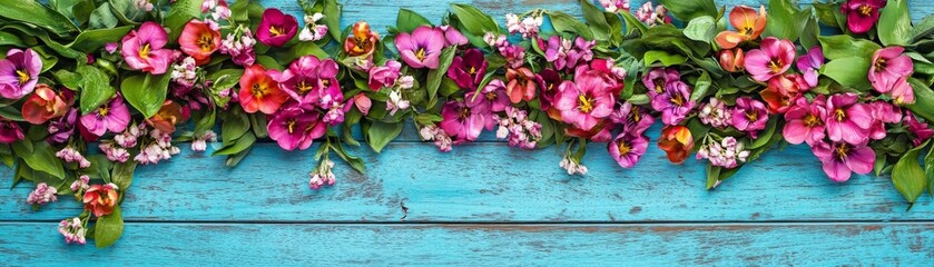 Vibrant Pink Flowers on Blue Wood, Floral Background, Spring Blooms, Pansy, Tulip Floral arrangement, Spring flowers