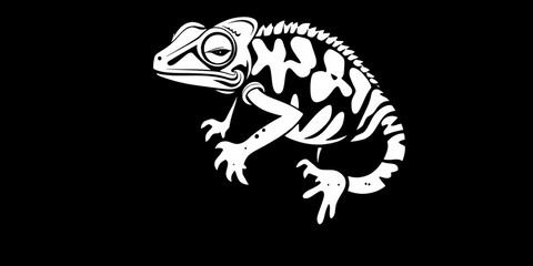 Fototapeta premium Bold black & white stylized art of playful chameleon with curled tail; symbol of vibrant change and adaptability, design, curled