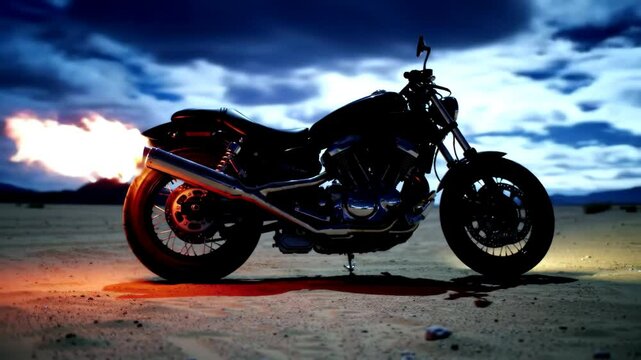Medium shot of a custom black motorcycle shooting a large flame from its exhaust in the desert at night