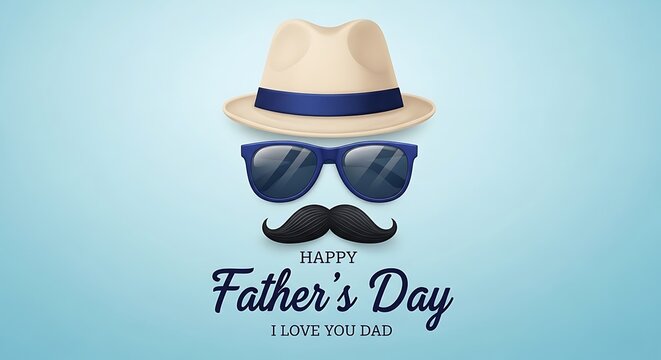 Father's day greeting with sunglasses hat and moustache on blue background