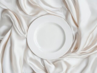 White Plate on Cream Silk Drape, Minimalist Table Setting, Elegant Design Tableware, Food Photography